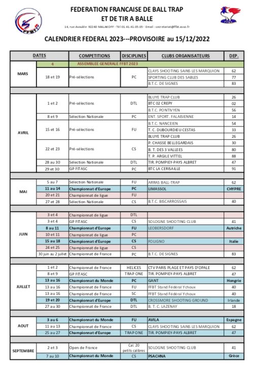 Calendrier FFBT 2023